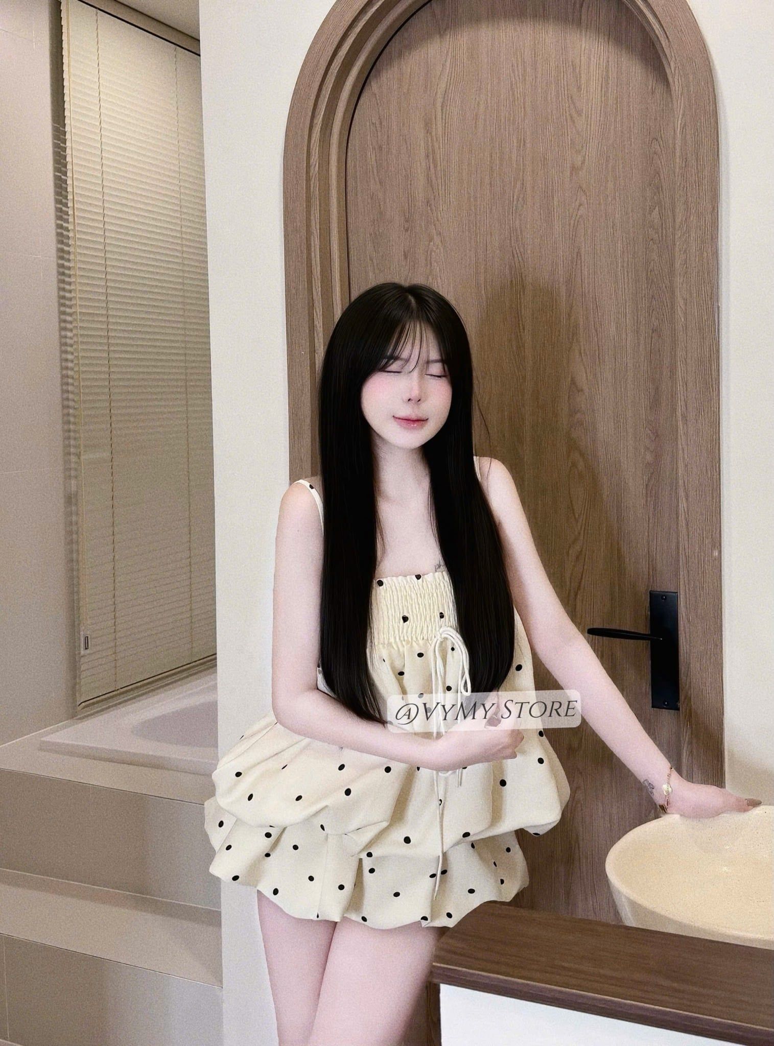  Q2 Set chấm bi áo hai dây bo chun ngực mix chân váy - KEM - G122 áo và váy đúp 2 lớp 