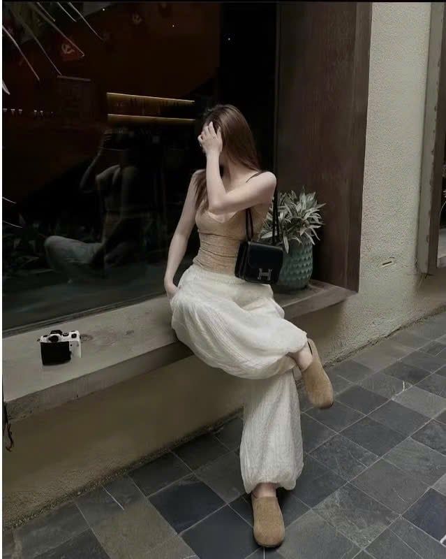  Quần boom form rộng 2 lớp ống quần bo chun - KEM - E165 