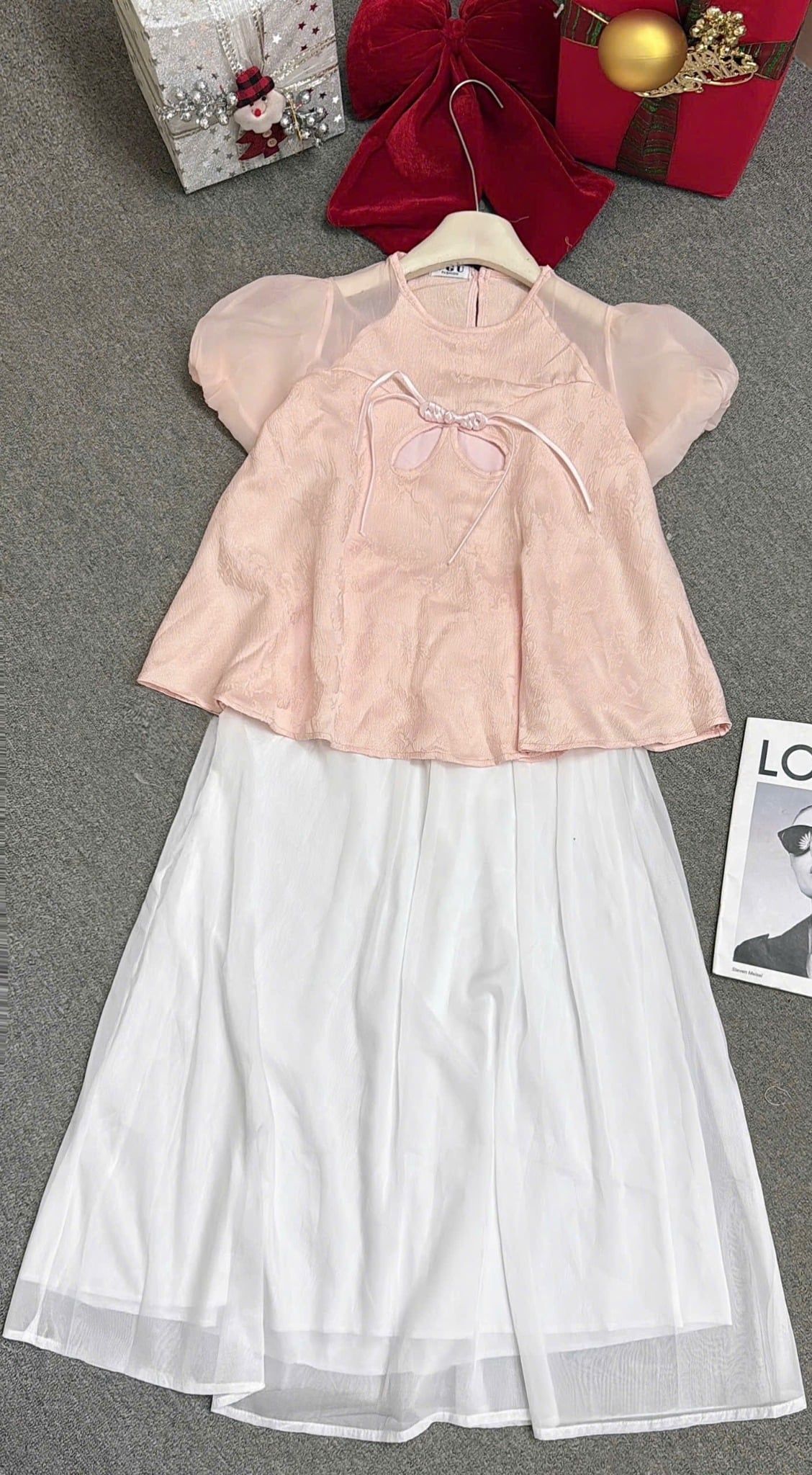  Set áo tay bồng cài nút tàu khoét mix chân váy suông - HỒNG - H88 ( 50 % lưng chun ) 