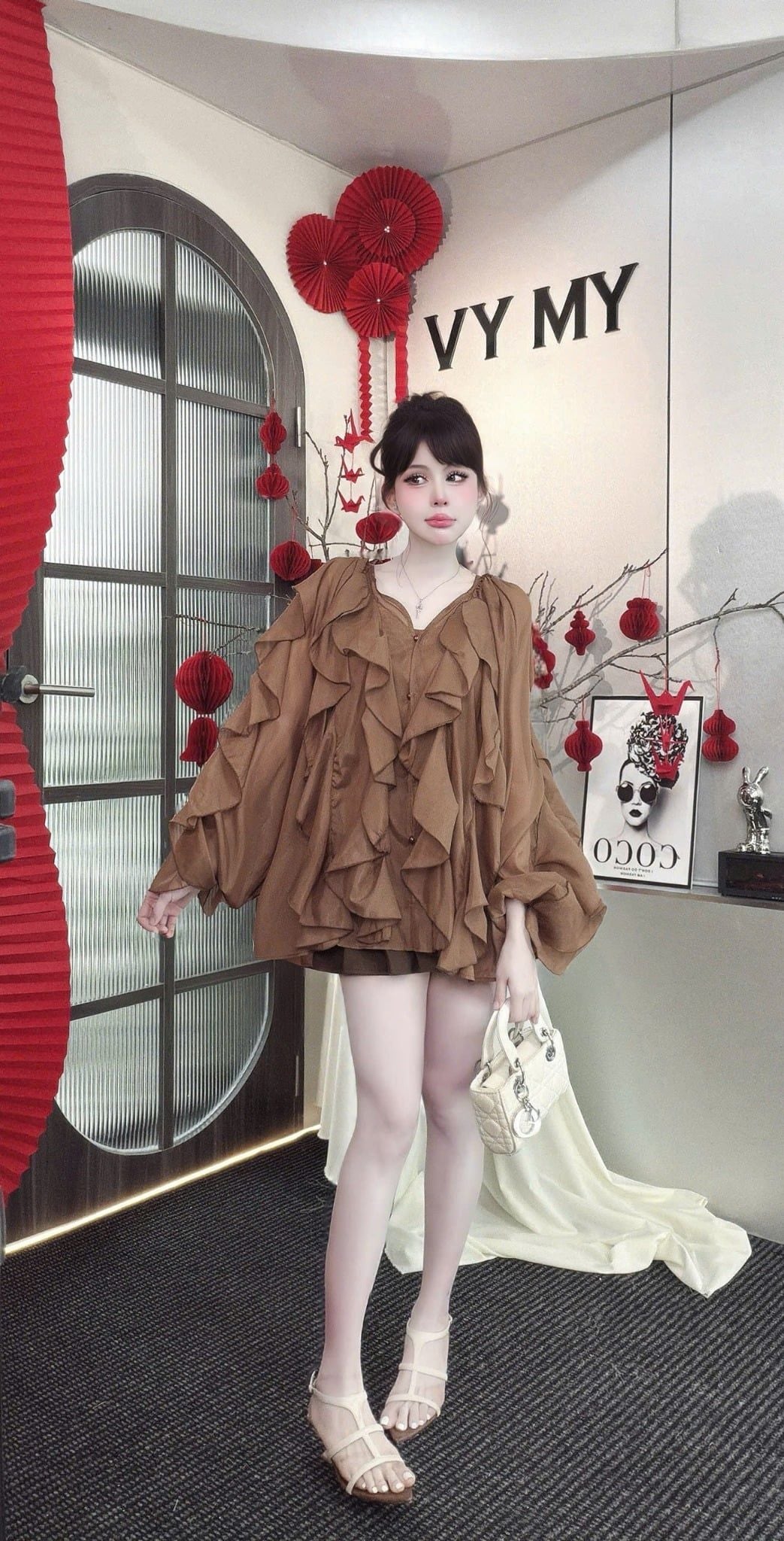  Set áo bèo rộng đính cúc ngọc tặng kèm áo 2s - NÂU - G95 