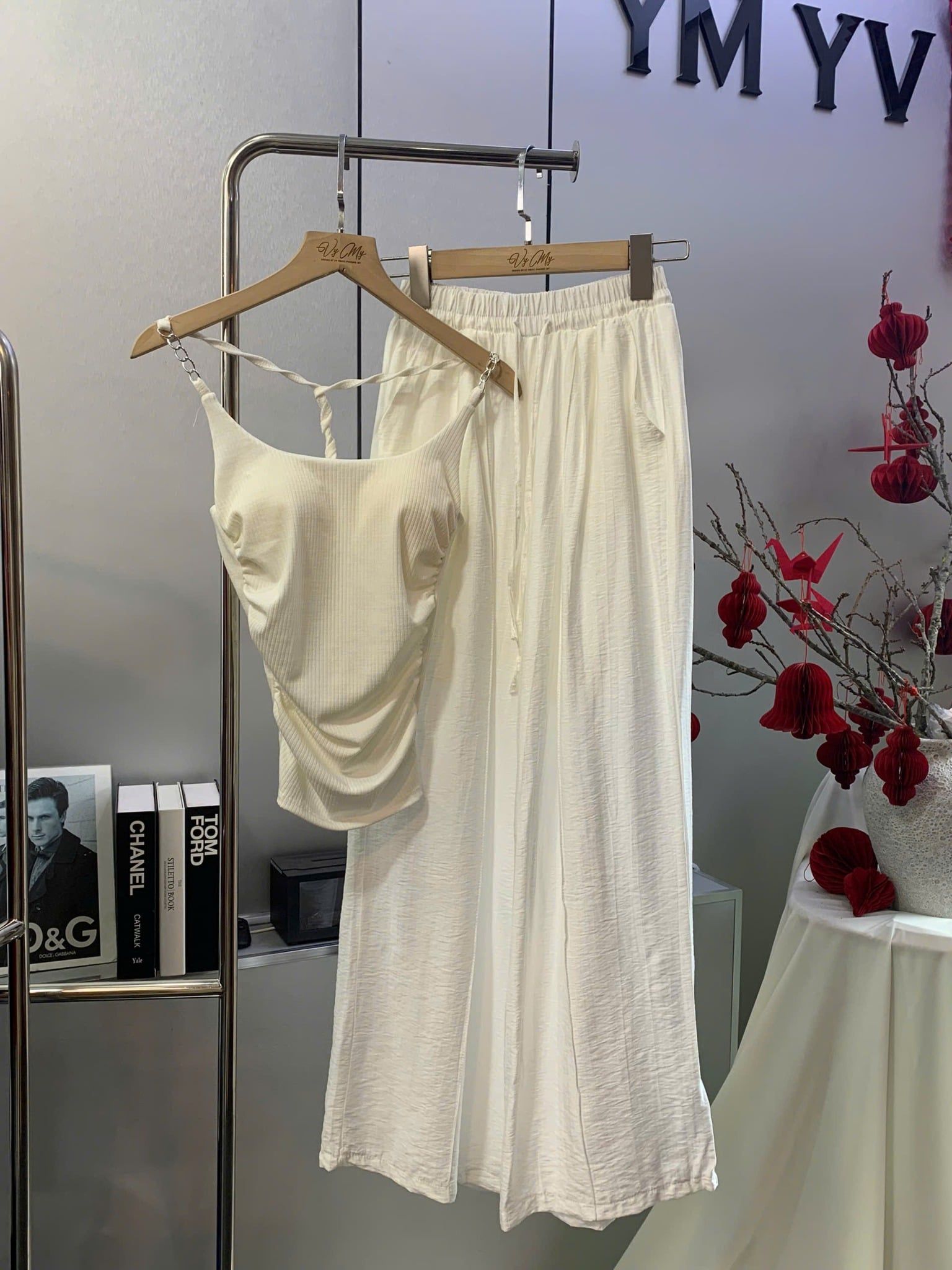  Set áo hai dây xích mix quần suông đũi - TRẮNG - Z58 