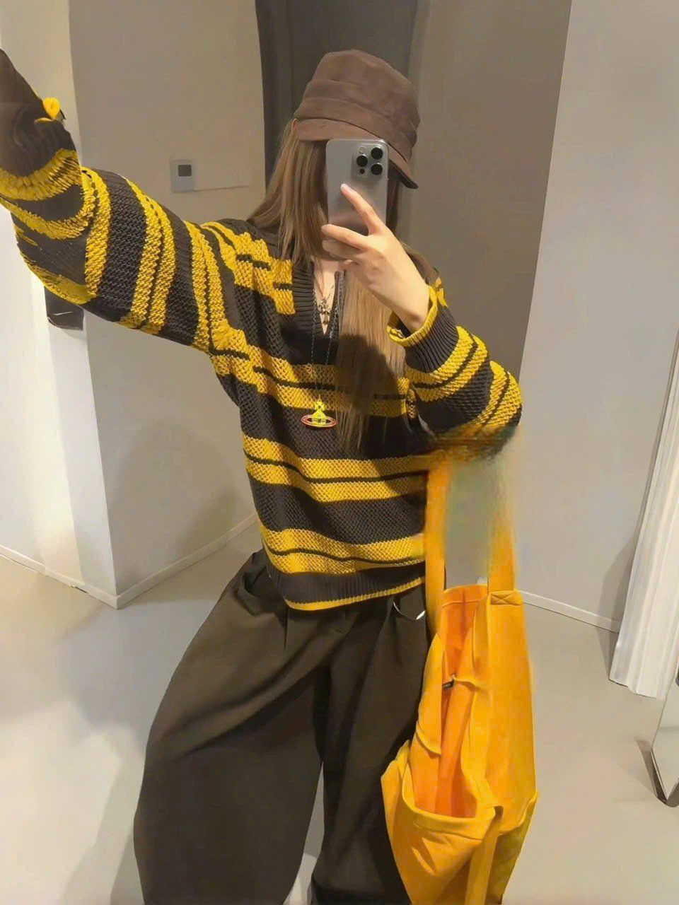  Áo len lưới cổ V phong cách HQ - VÀNG - E214 H111 
