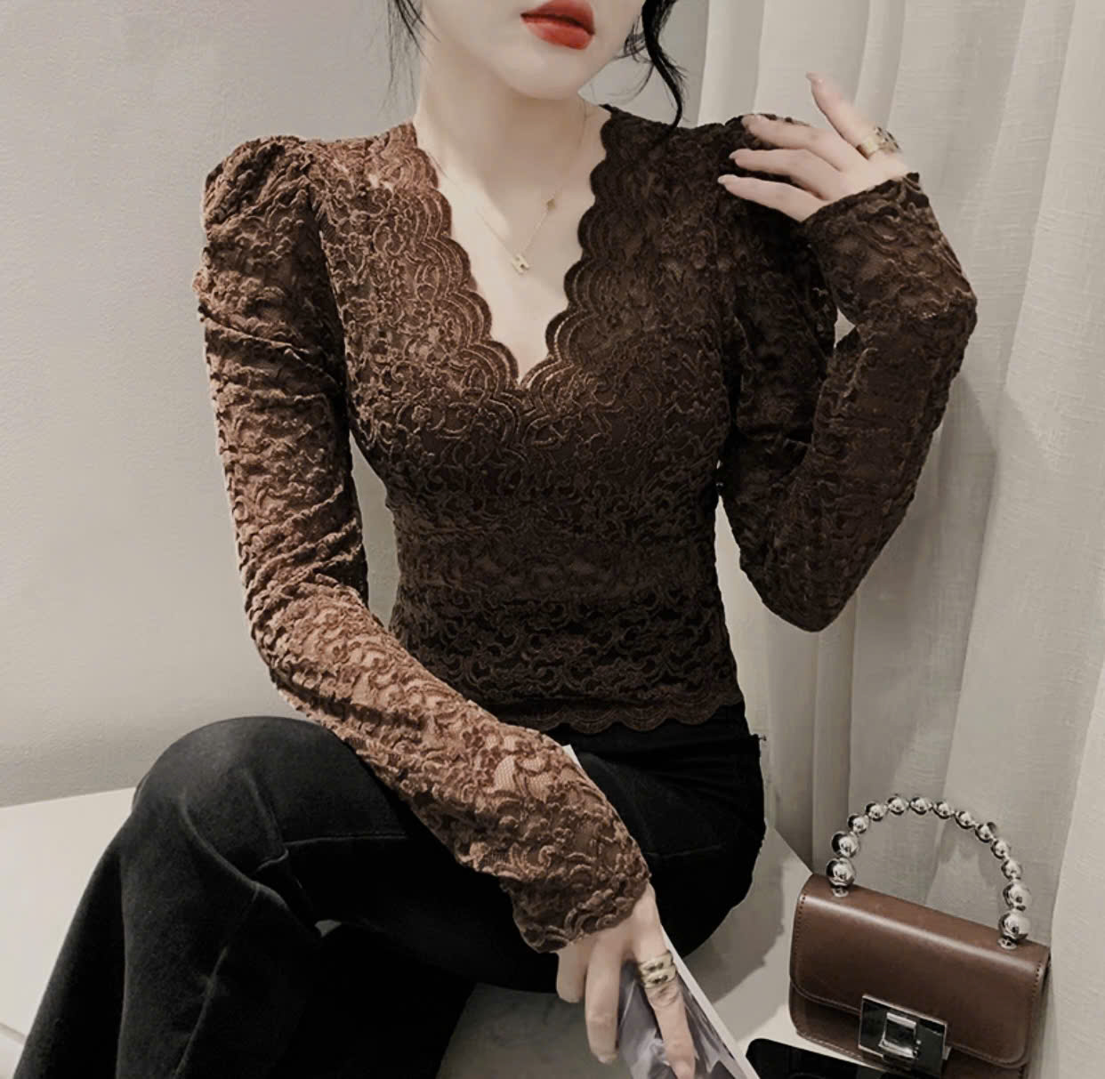  Áo ren nhung tay dài đúp lót 2 lớp có mood ngực - NÂU - B133 