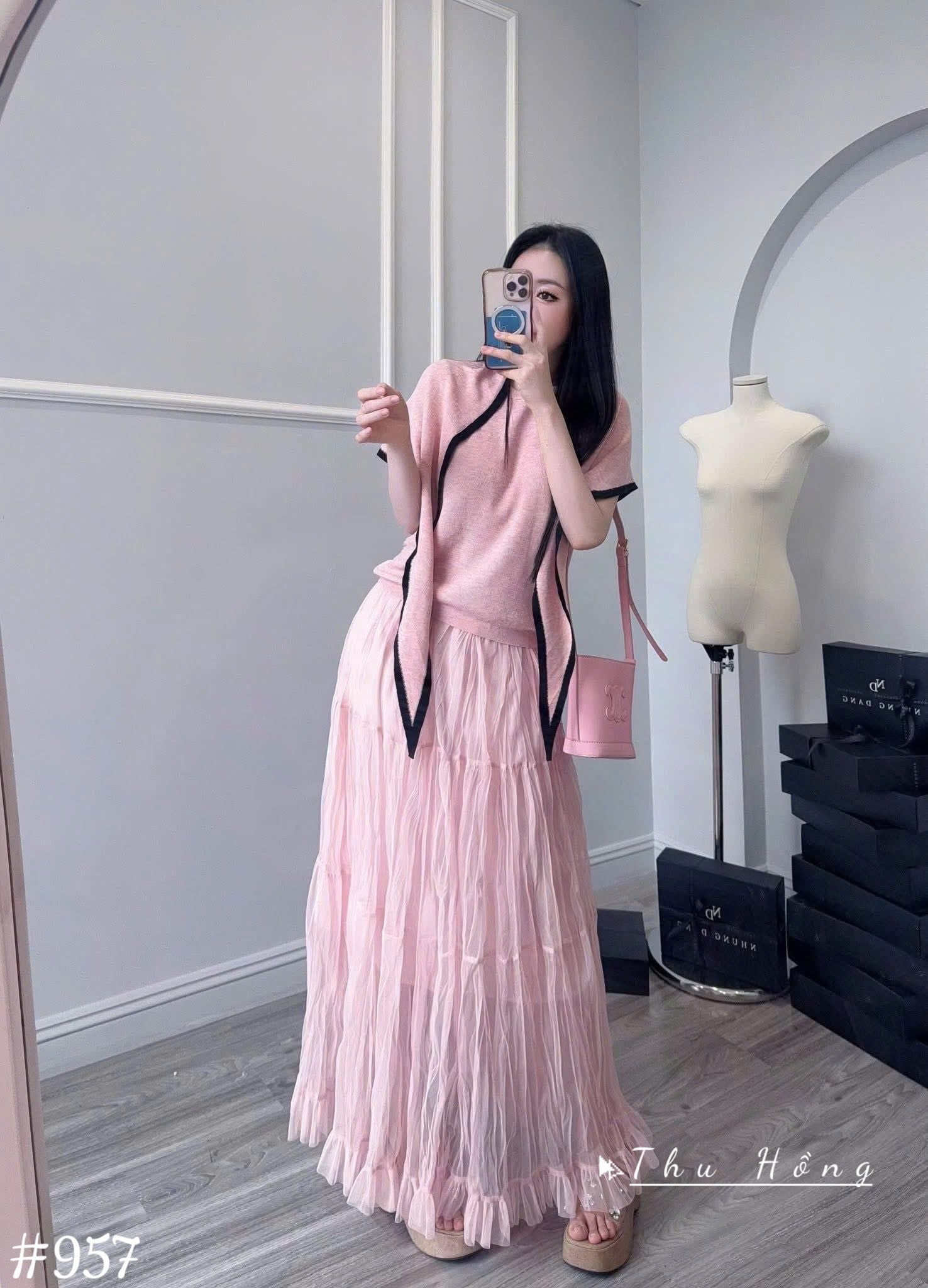  Set 3 món áo len dệt kim mix chân váy dáng dài kèm khăn - HỒNG - Z50 