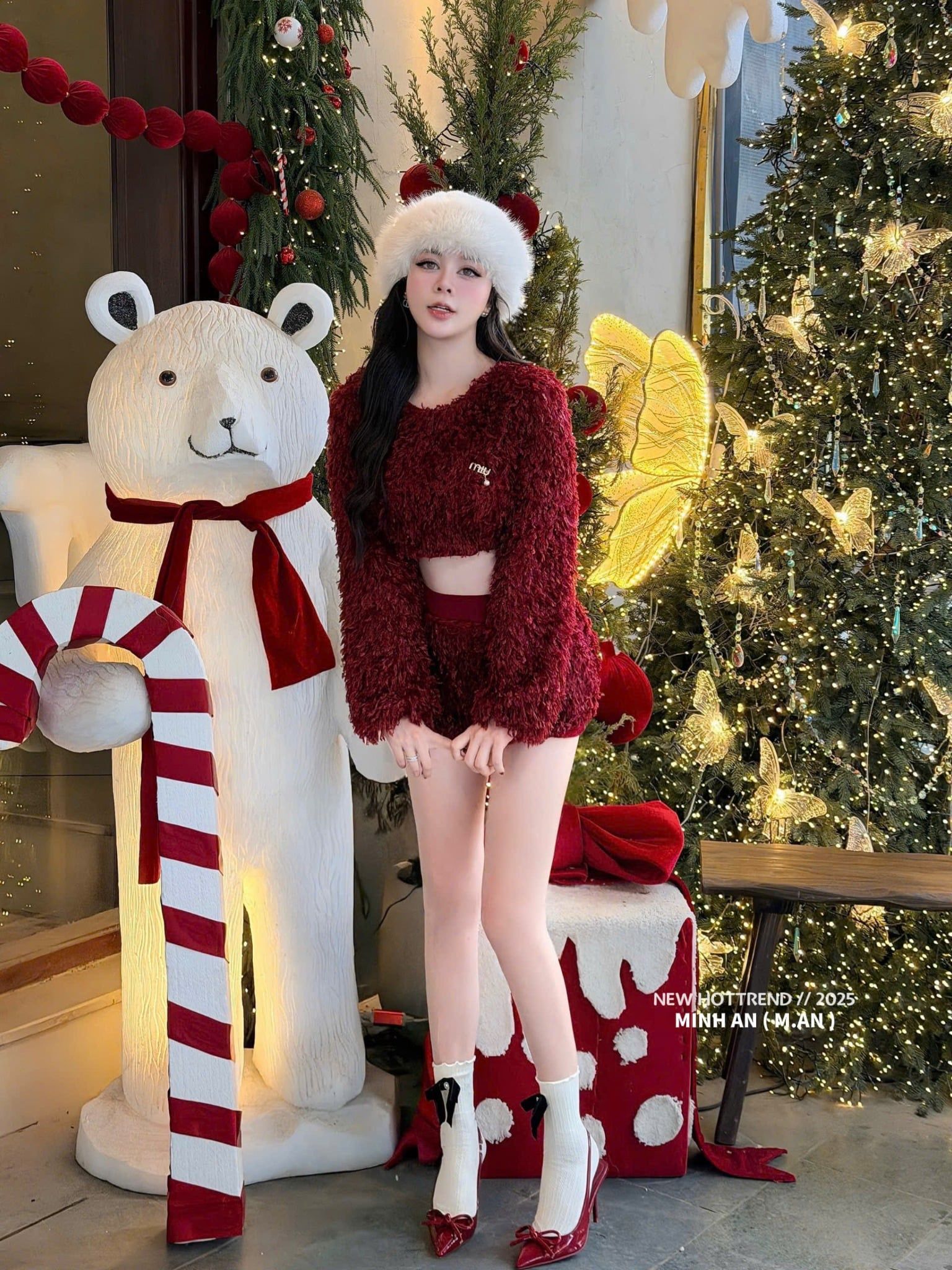  Set lông áo trễ vai croptop mix quần short kèm tad miu - ĐỎ - G58 