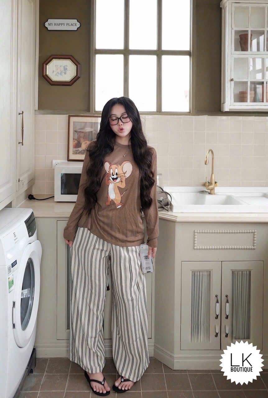  Set áo tay dài in hình JERRY mix quần suông dáng dài - V44 