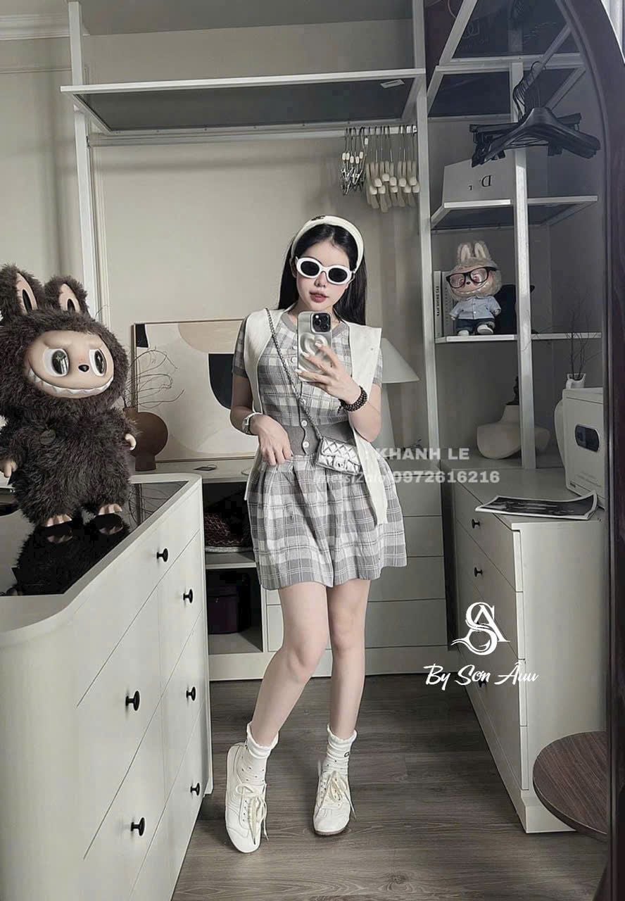  Set len áo kẻ sọc caro mix chân váy xếp ly cạp chun - XÁM - N70 H99 