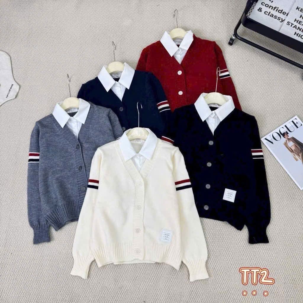  Áo len cadigan kẻ sọc phối cổ sơ mi - ĐEN - H11 ( DÀI 60CM < 60KG ) 