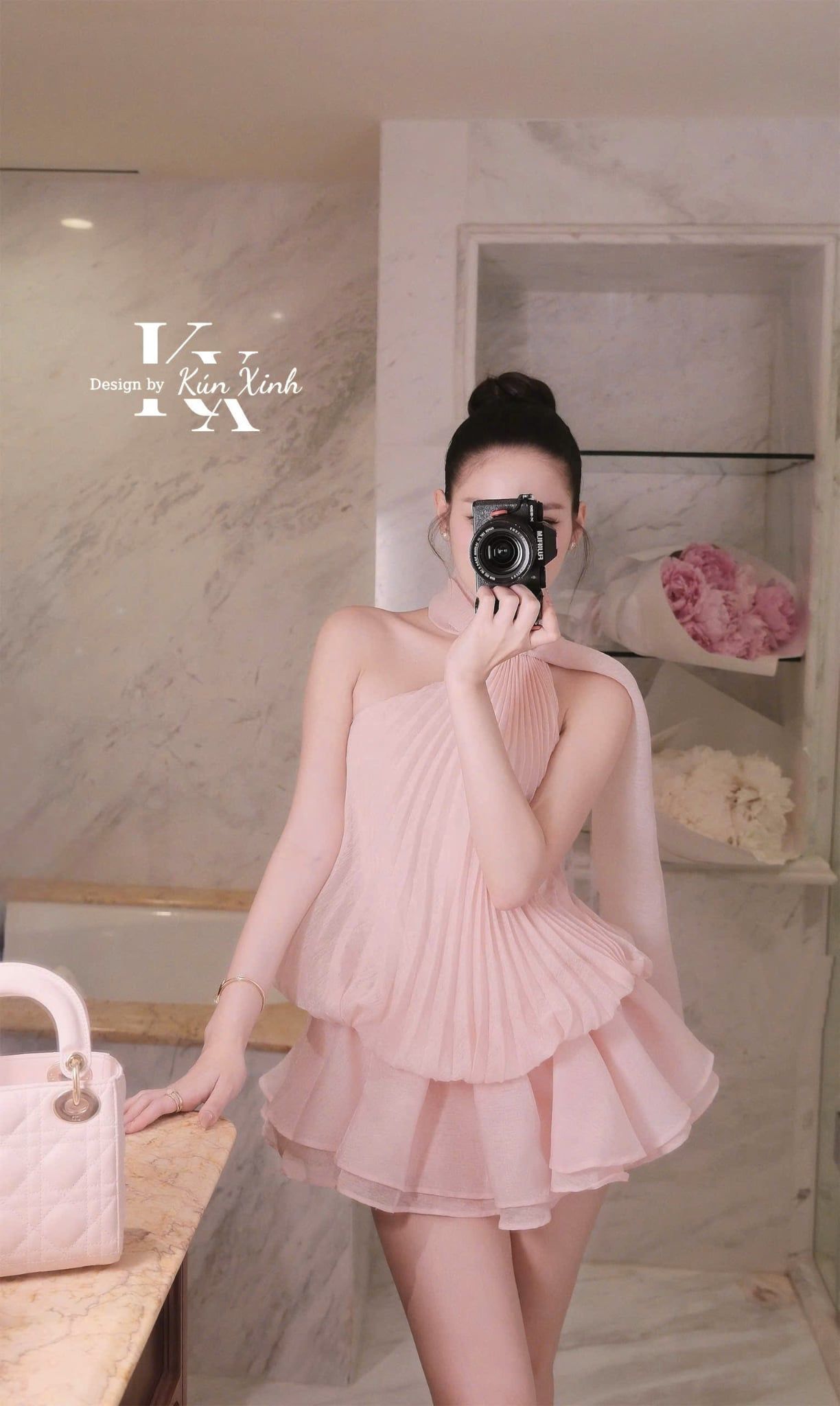  Set áo cổ yếm hở lưng mix chân váy dáng xoè kèm tag - HỒNG - Q136 