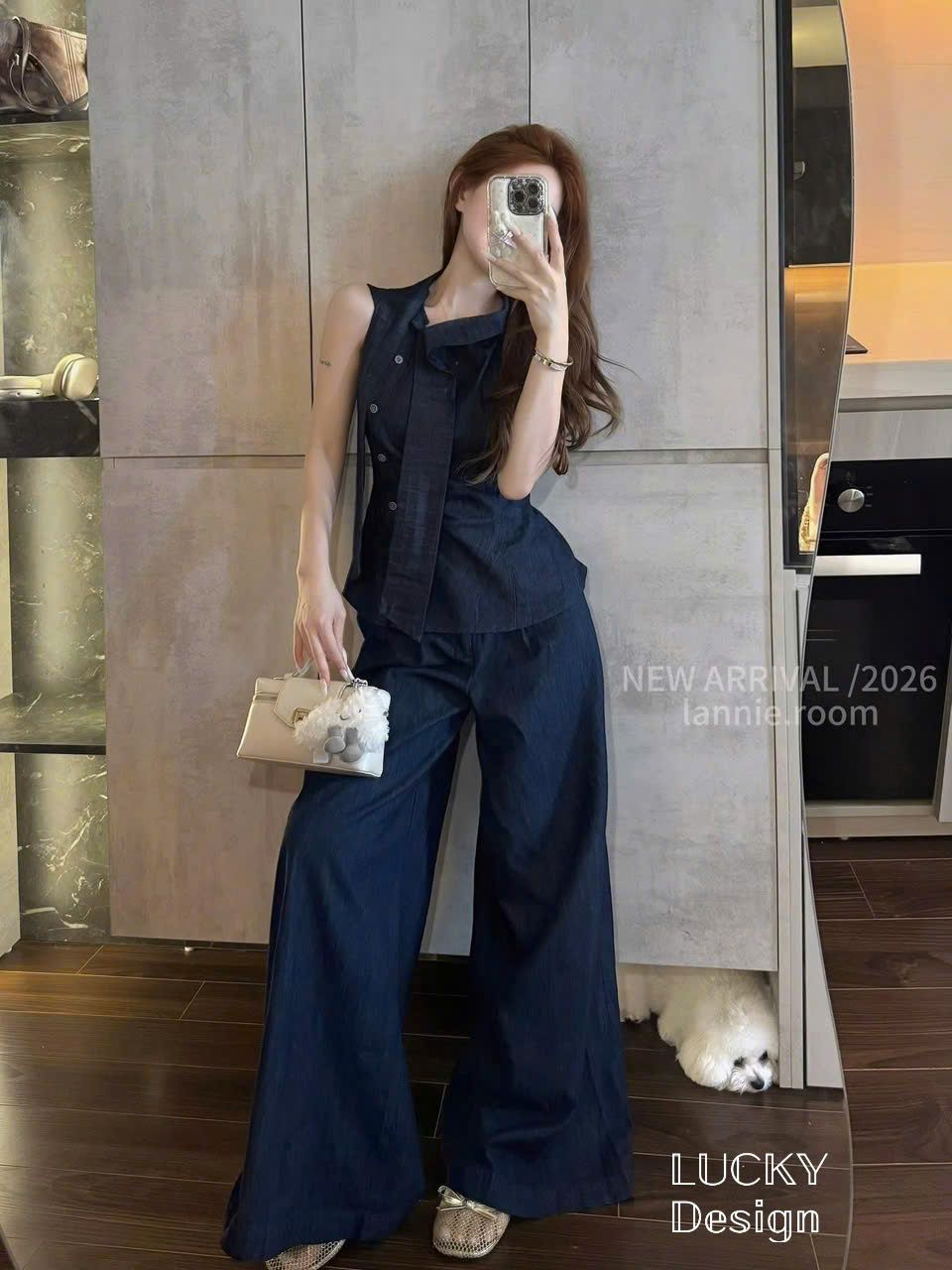  Set jean sát nách mix quần suông dáng dài - Q235 