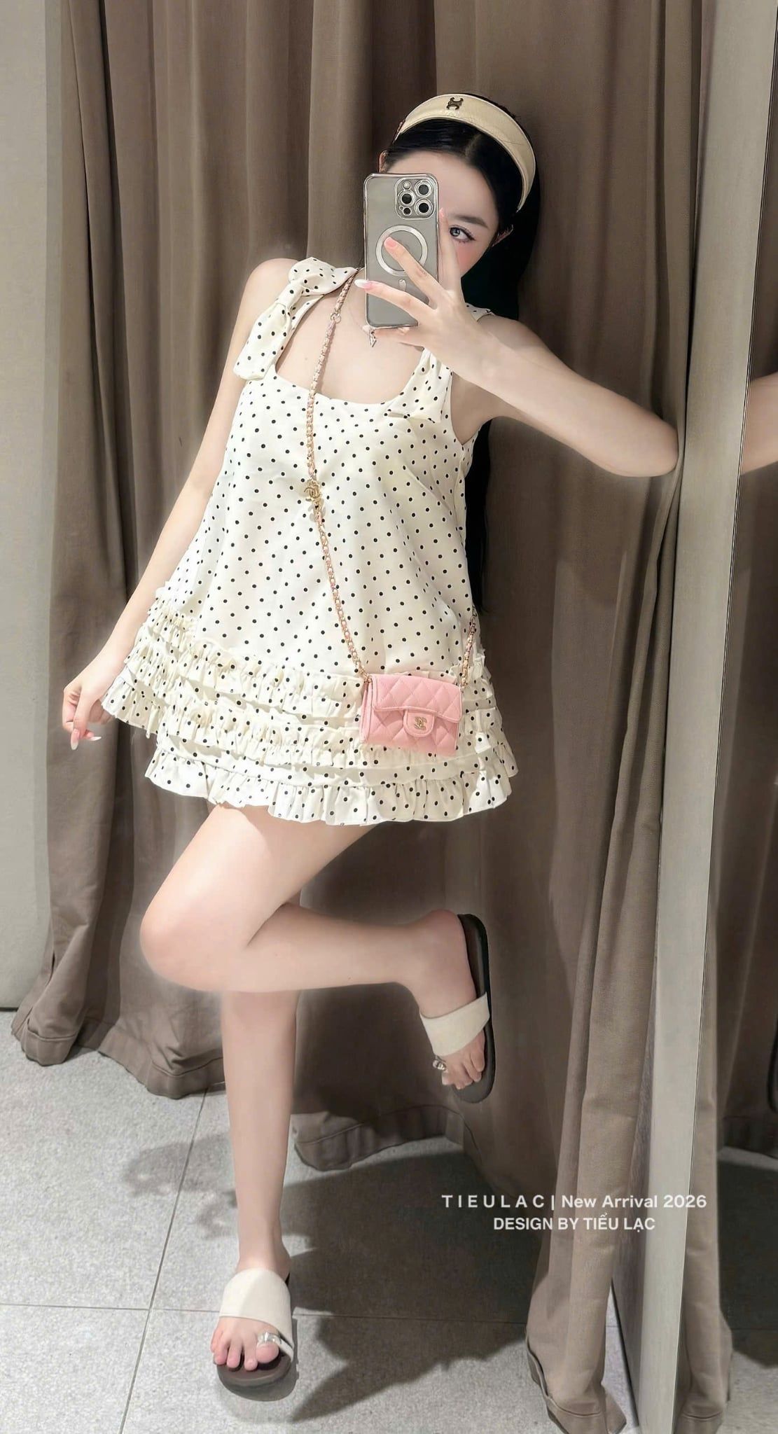  Váy chấm bi dáng babydoll dây bản nơ phối viền bèo - V34 ( chiều dài 75cm ) 