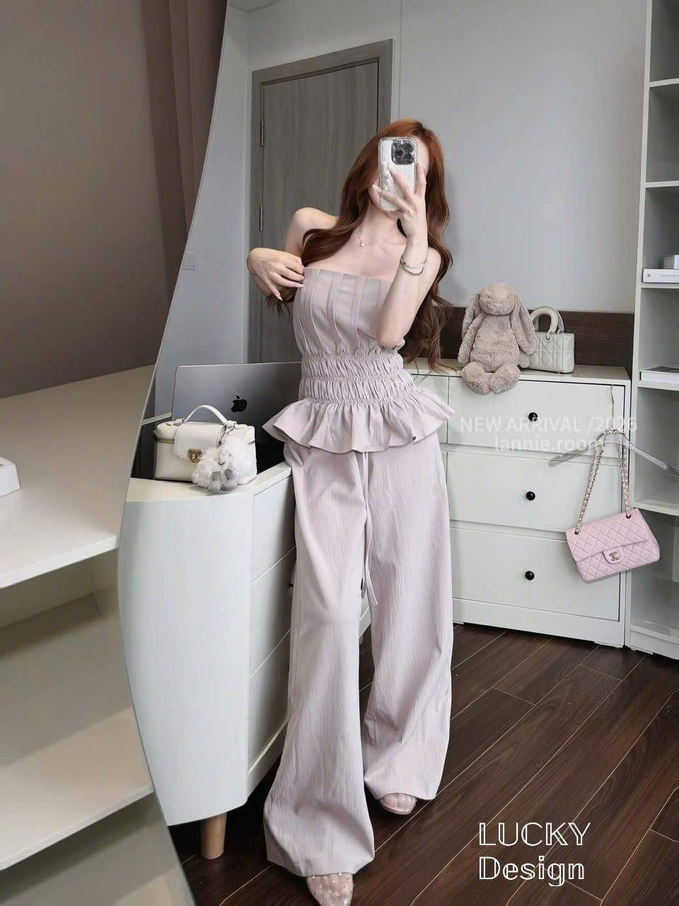 Set áo quây bo chun chiết eo xòe mix quần ống rộng dáng dài - V63 