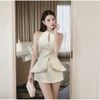  Set áo Peplum cổ yếm dáng xòe ôm eo cúc bọc mix chân váy ngắn dáng A - KEM - L2 (EO S<68, M<72, L<76) 