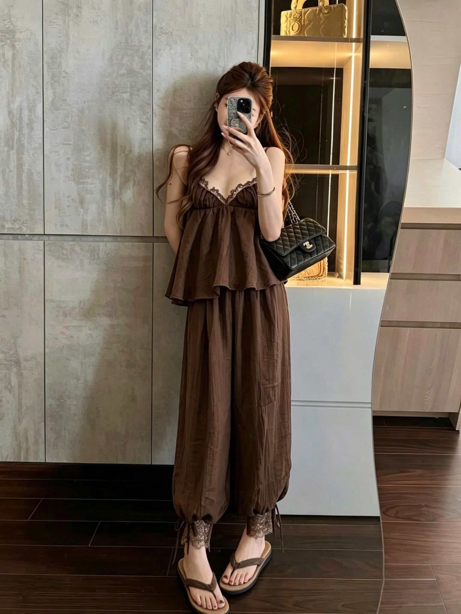  Set áo 2 dây viền ren mix quần bom chân ren cột nơ - NÂU - L7  ( LƯNG CHUN ) 