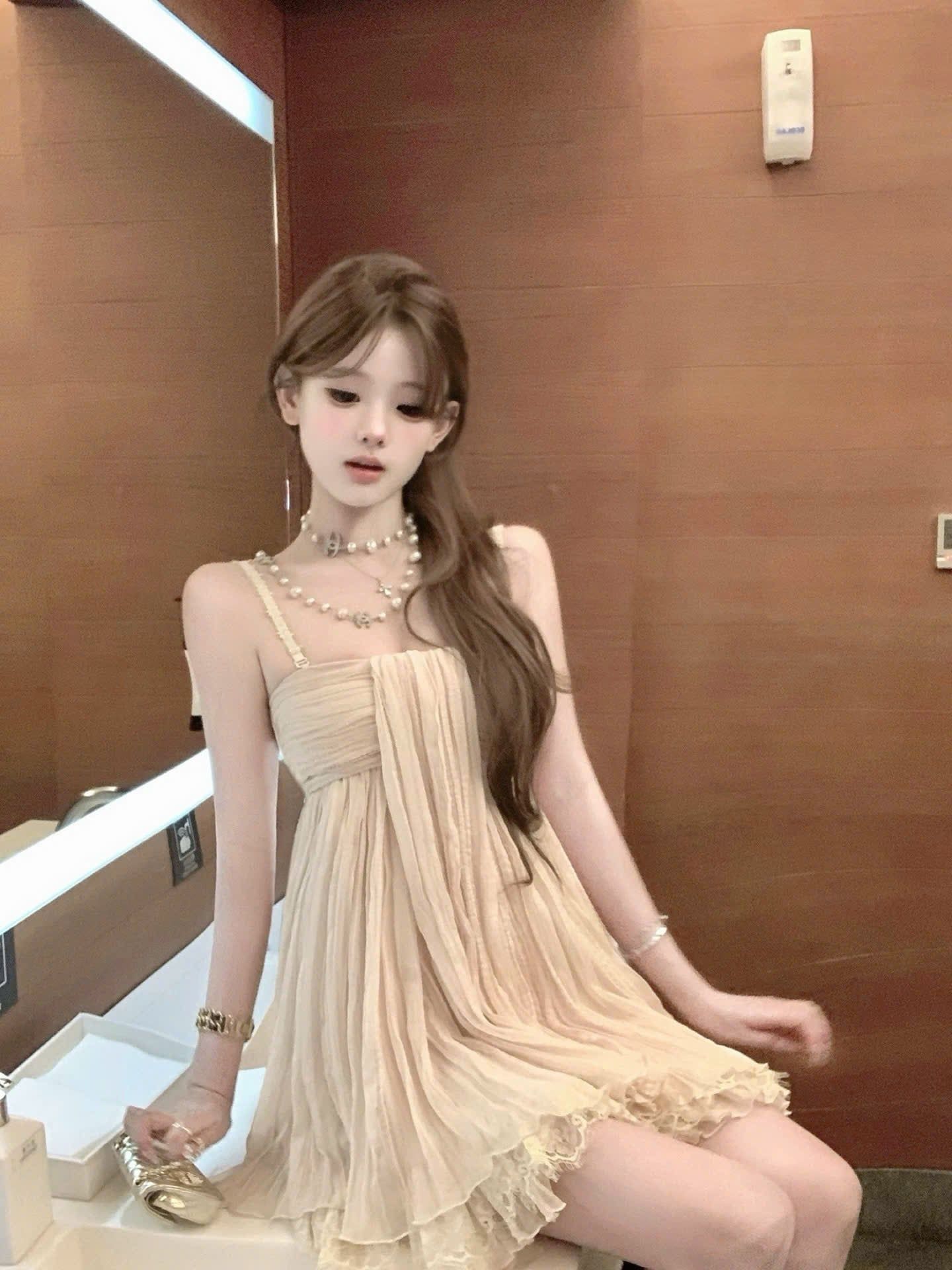  Áo 2 dây ren hoa dáng babydoll viền ren - KEM - L11 