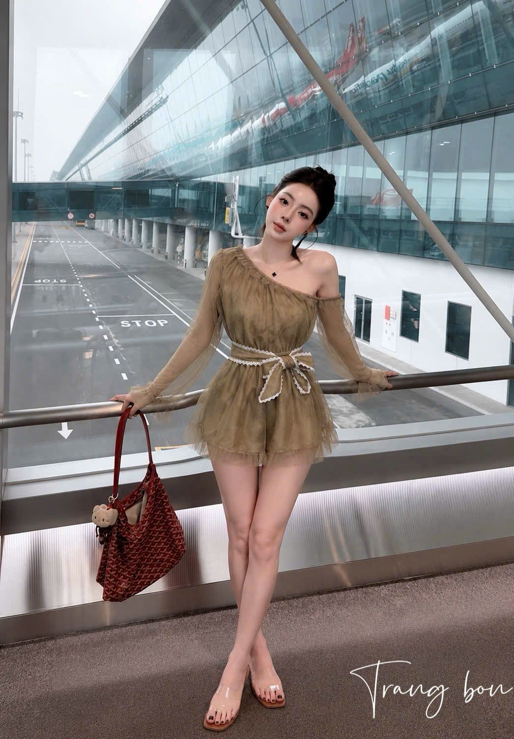 Jum lệch vai tay dài chất voan kèm dây đai thắt nơ - RÊU - V211 