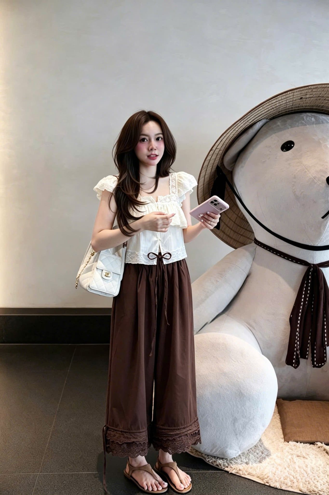  Set áo tay cánh tiên phối ren mix quần suông phối chân bèo - NÂU - K31 (TÍNH MÀU QUẦN) 