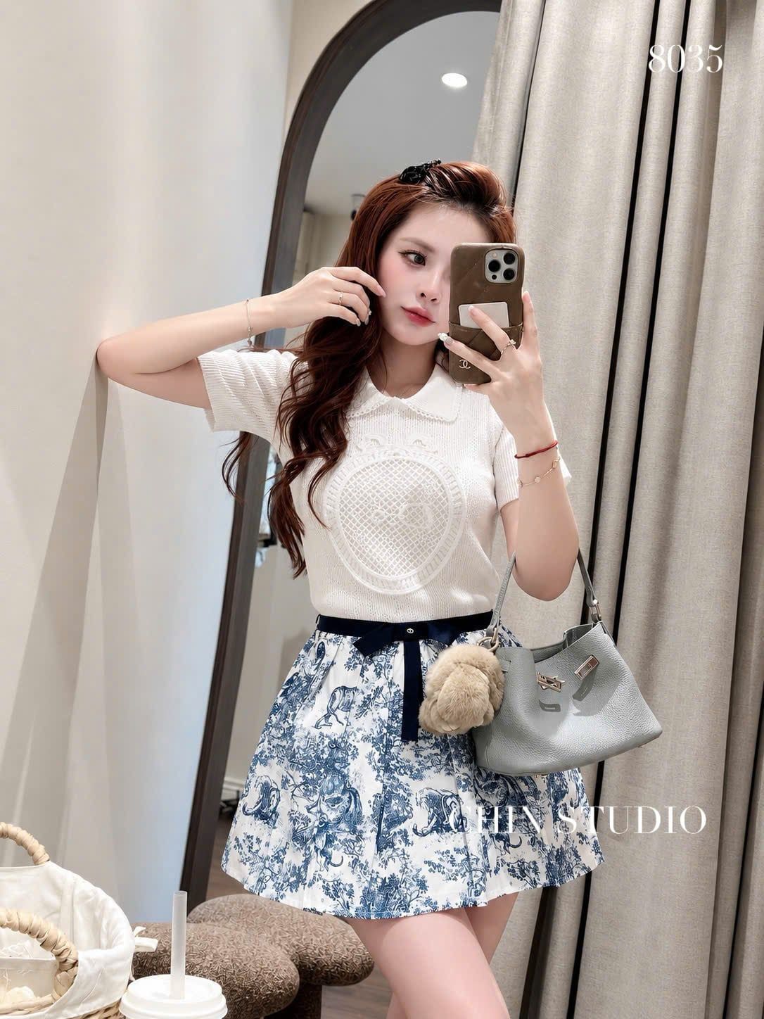  Set áo len lưới D vòng tròn mix chân váy họa tiết - L98 (EO S<68, M<72) 