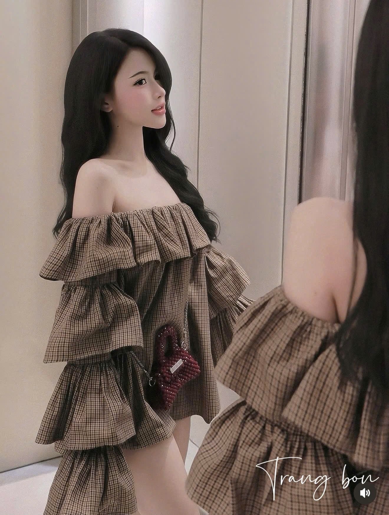  Áo trễ vai tay dài bèo tầng kẻ sọc siêu hot - K43 