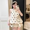 Set áo cổ yếm đính hoa tua rua mix quần hoạ tiết chấm bi - KEM - K72