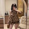 Set áo cổ yếm đính hoa tua rua mix quần hoạ tiết chấm bi - NÂU - K73
