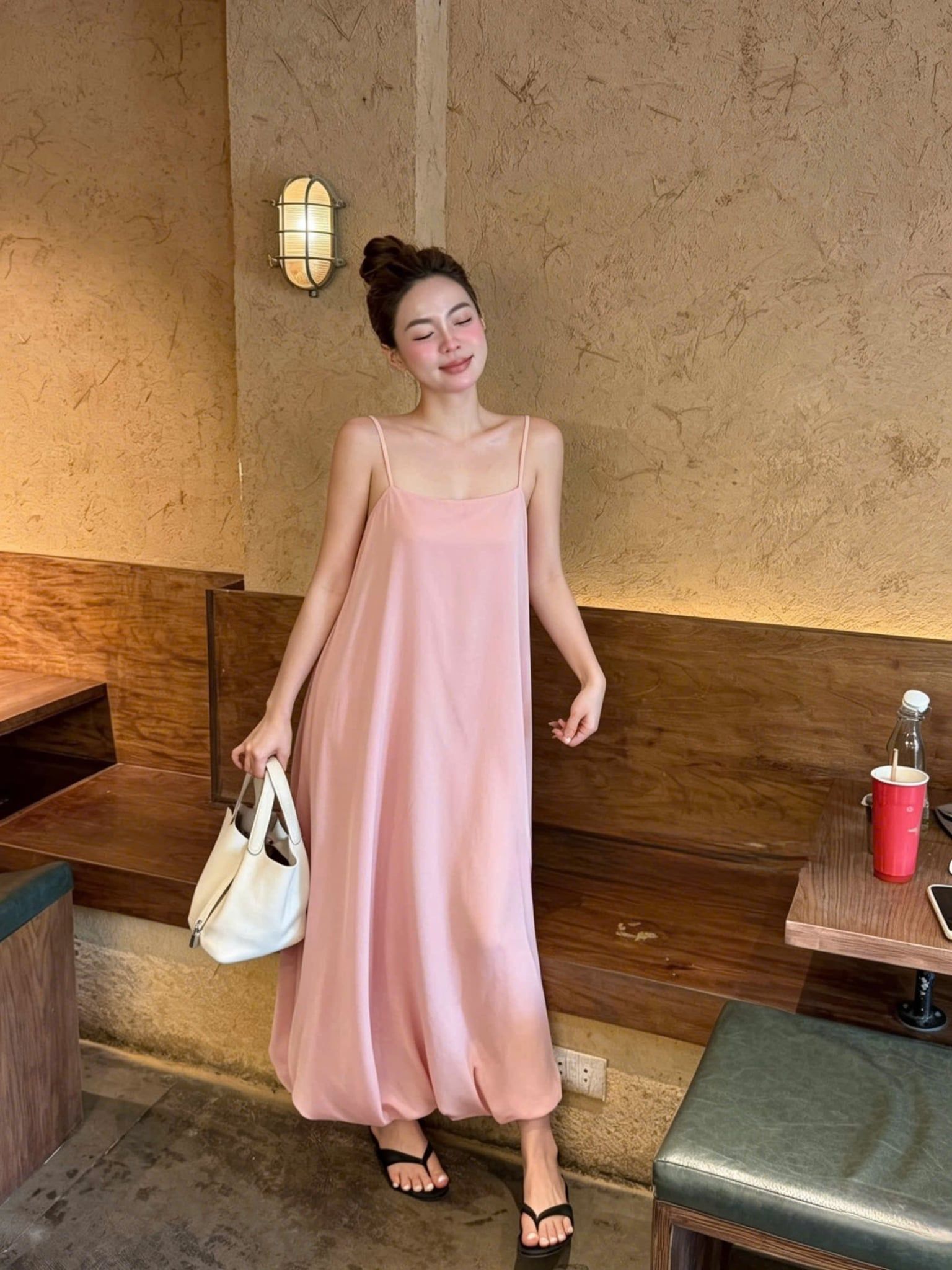  Đầm 2 dây lụa dáng bí dài Basic - HỒNG - K18 