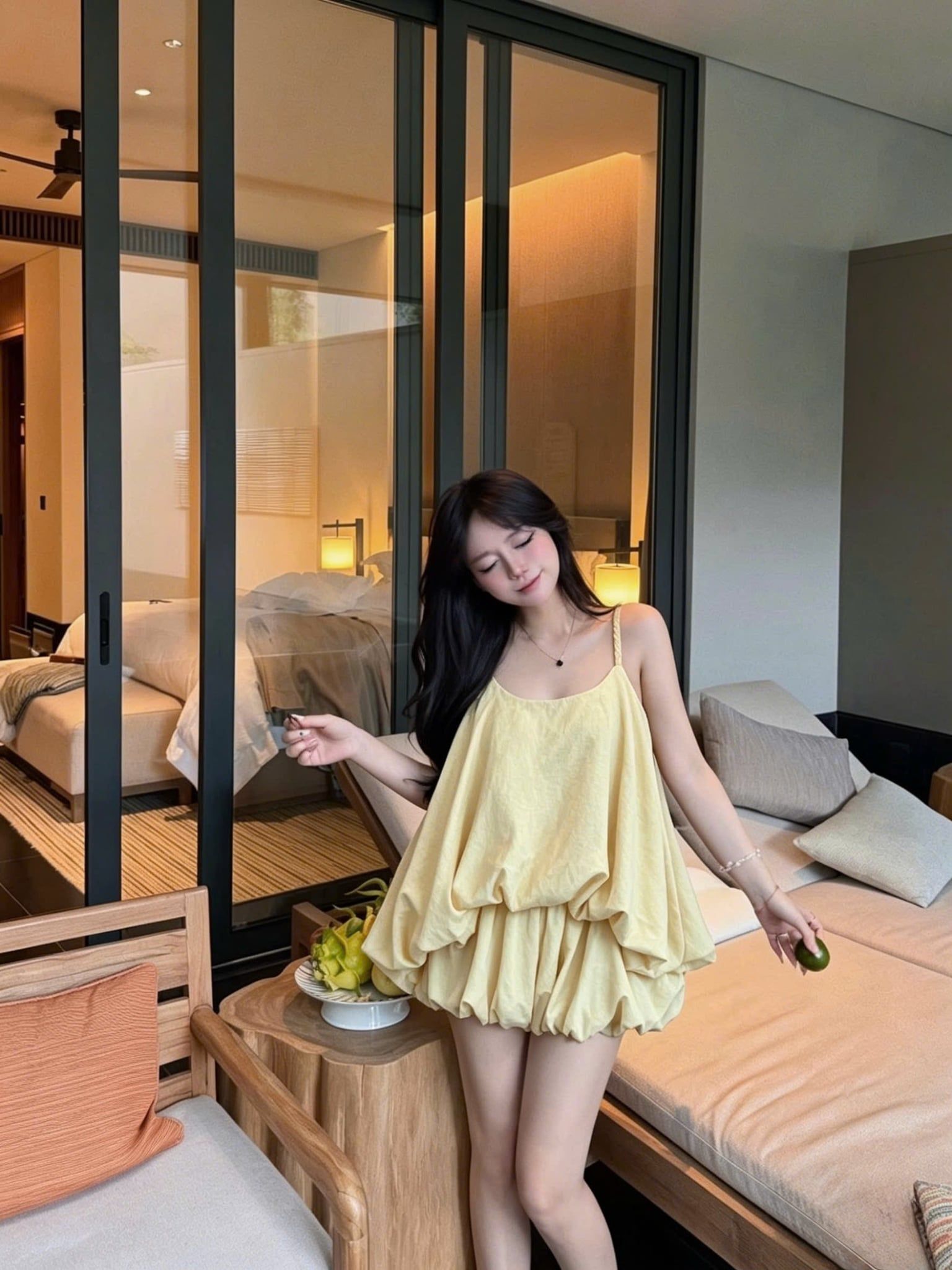  Set áo dây tết nơ mix chân váy dáng bồng - VÀNG - K104 