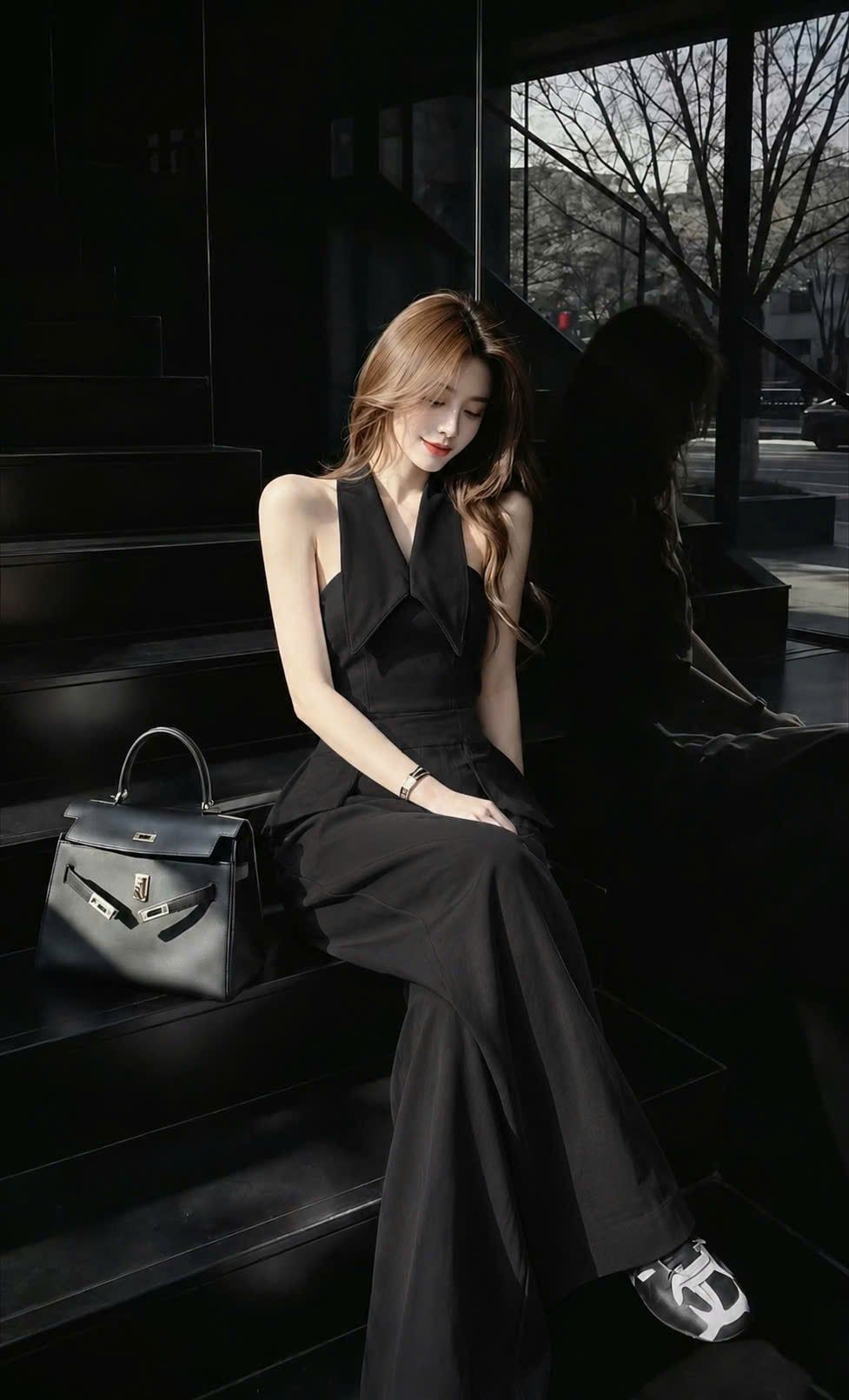  Set áo yếm vạt nhọn sang trọng mix quần suông dài - ĐEN - K151 (EO S<66, M<70, L<74) 