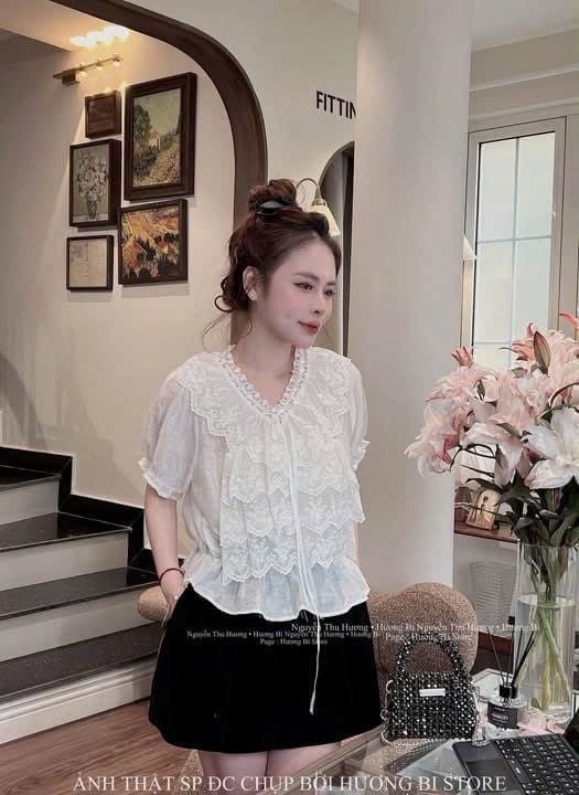  Set áo bèo tầng cổ V cột dây mix chân váy ngắn xinh xắn - K138 