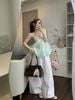 Set 2 món áo hai dây tơ cúp ngực mix quần suông dài lưng chun - XANH - H163