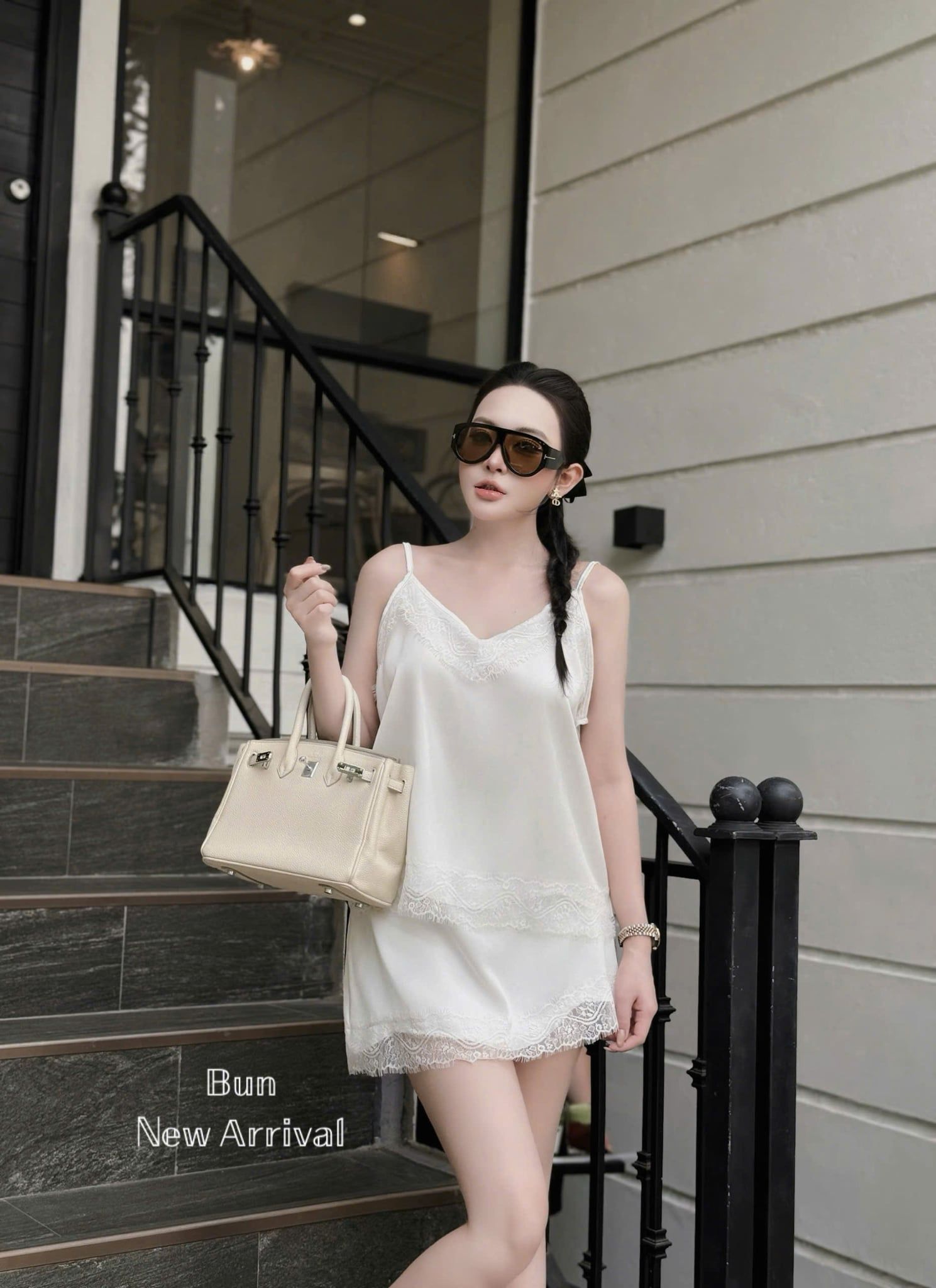  Set áo hai dây phối ren mix chân váy tôn dáng - TRẮNG KEM - H185 (EO S<68, M<72) 