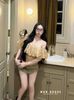  Áo trễ vai voan bo nhún co dãn hoạ tiết hoa nhí - H211 
