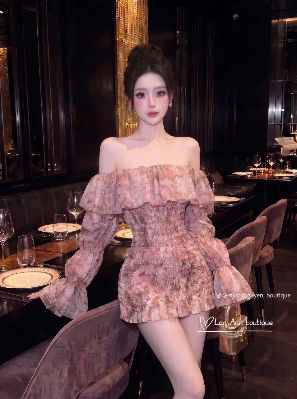  Váy trễ vai họa tiết hoa nhí bo chun tôn dáng - V133 