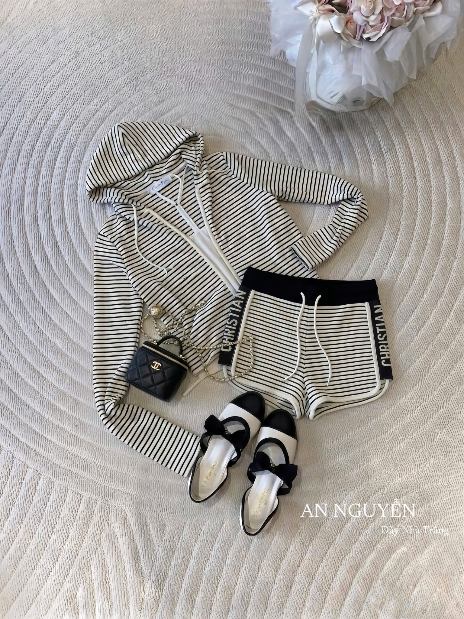  Set hai món áo tay dài kẻ sọc kèm nón mix quần short ngắn siêu hot - V149 