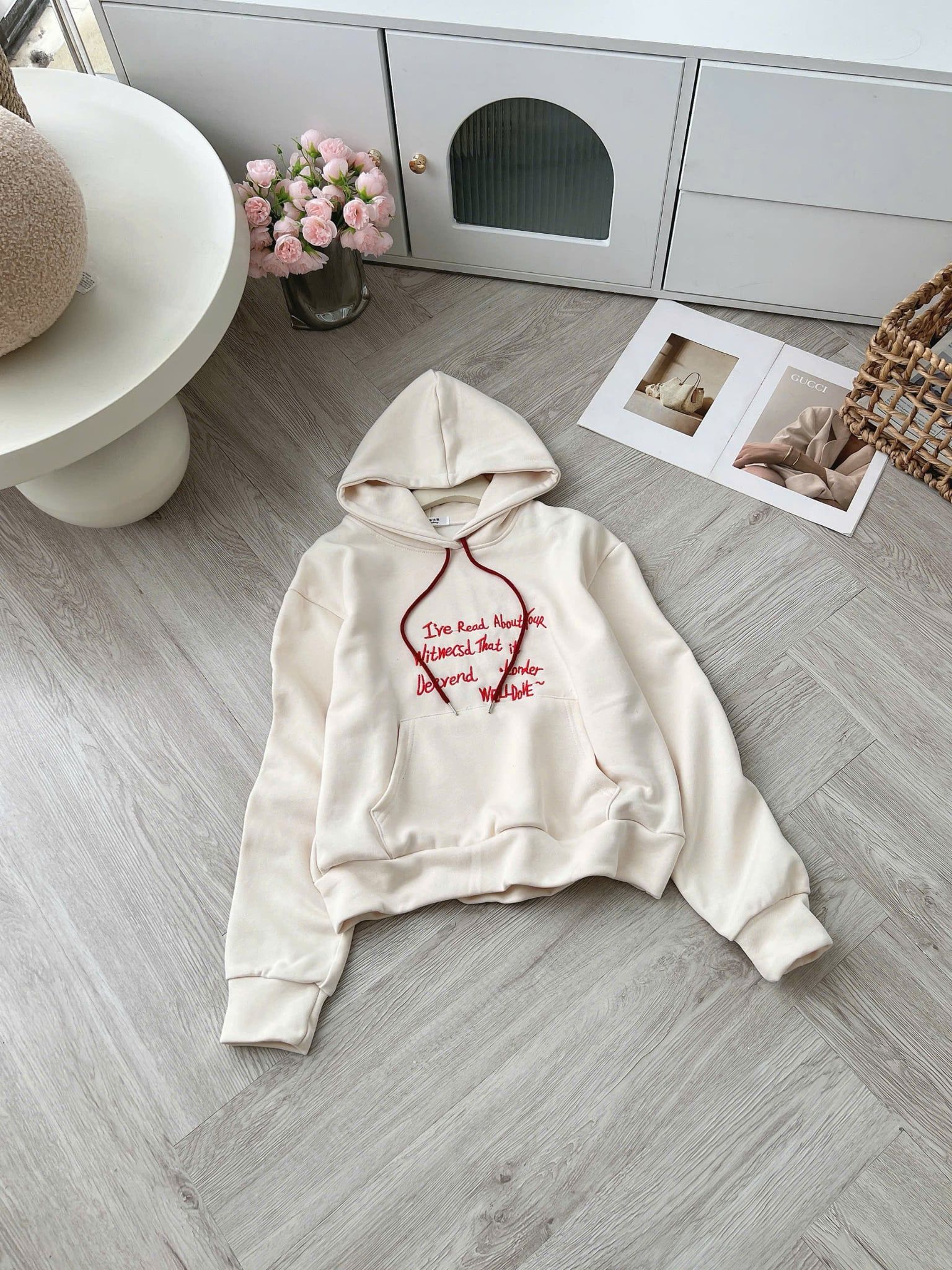  Áo hoodie form rộng in chữ siêu hot - KEM - V157 