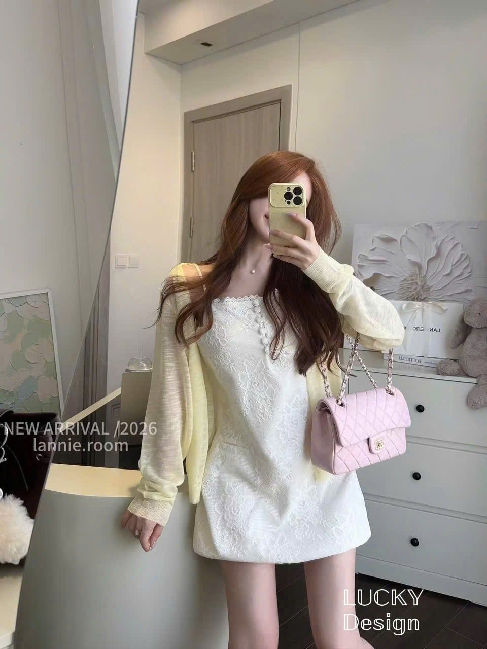  Set váy hai dây đính cúc họa tiết ren mix áo khoác siêu hot - V189 