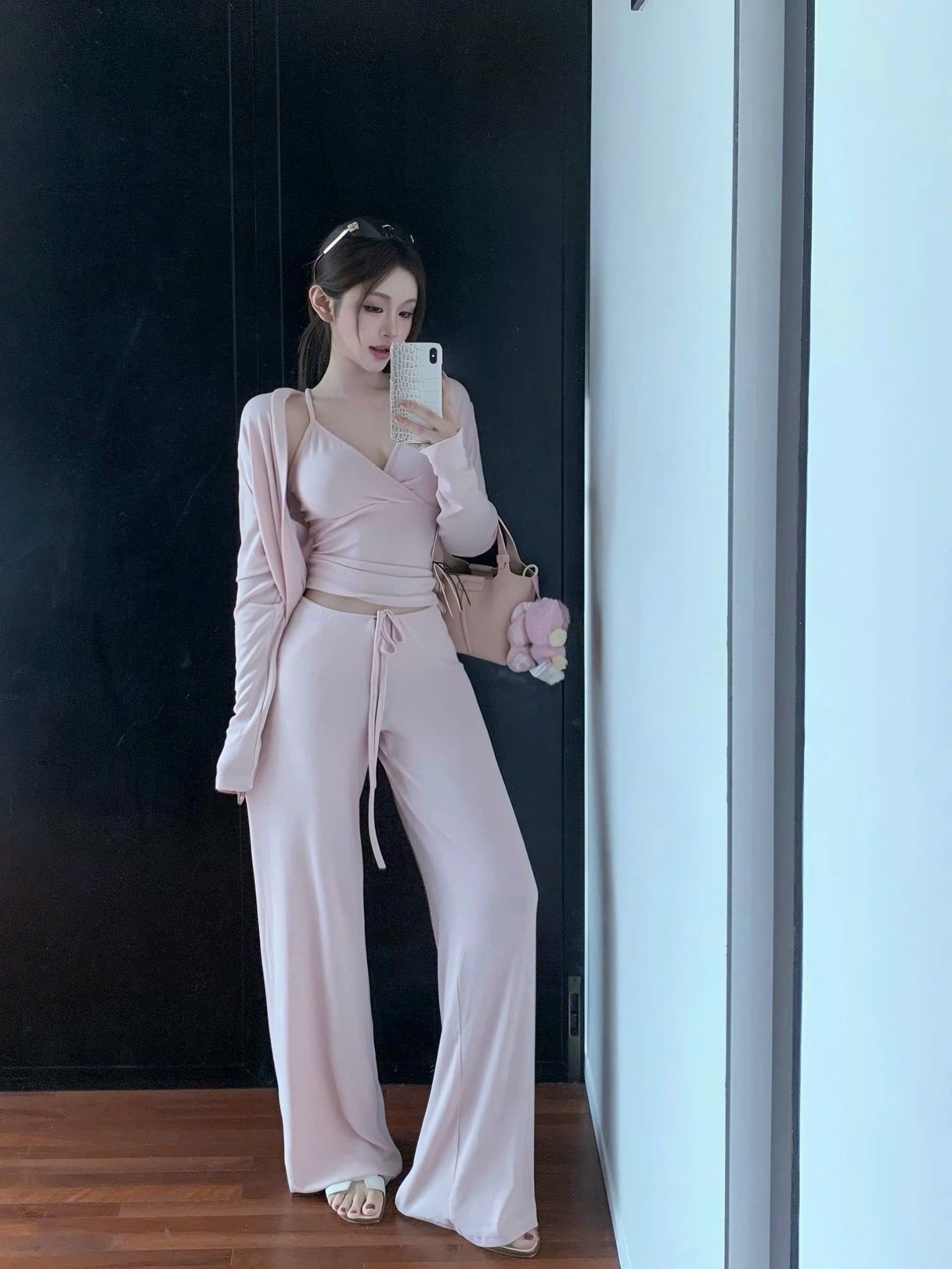  Set 3 món áo trong kèm áo khoác mix quần dáng dài - HỒNG - R34 