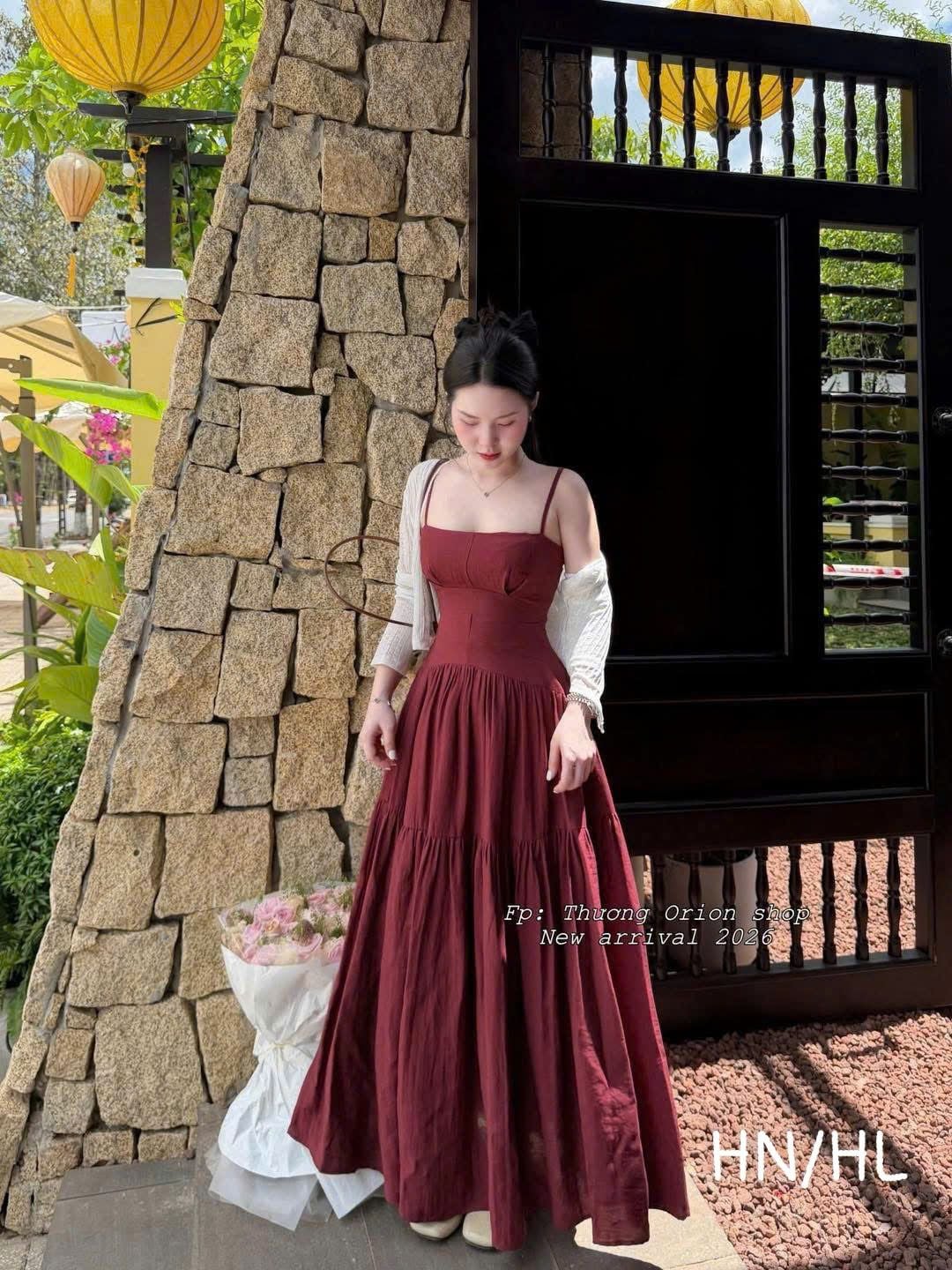  Set váy 2 dây maxi xòe dài mix áo khoác cardigan phối ren - Z299 (EO S<68, M<72) 