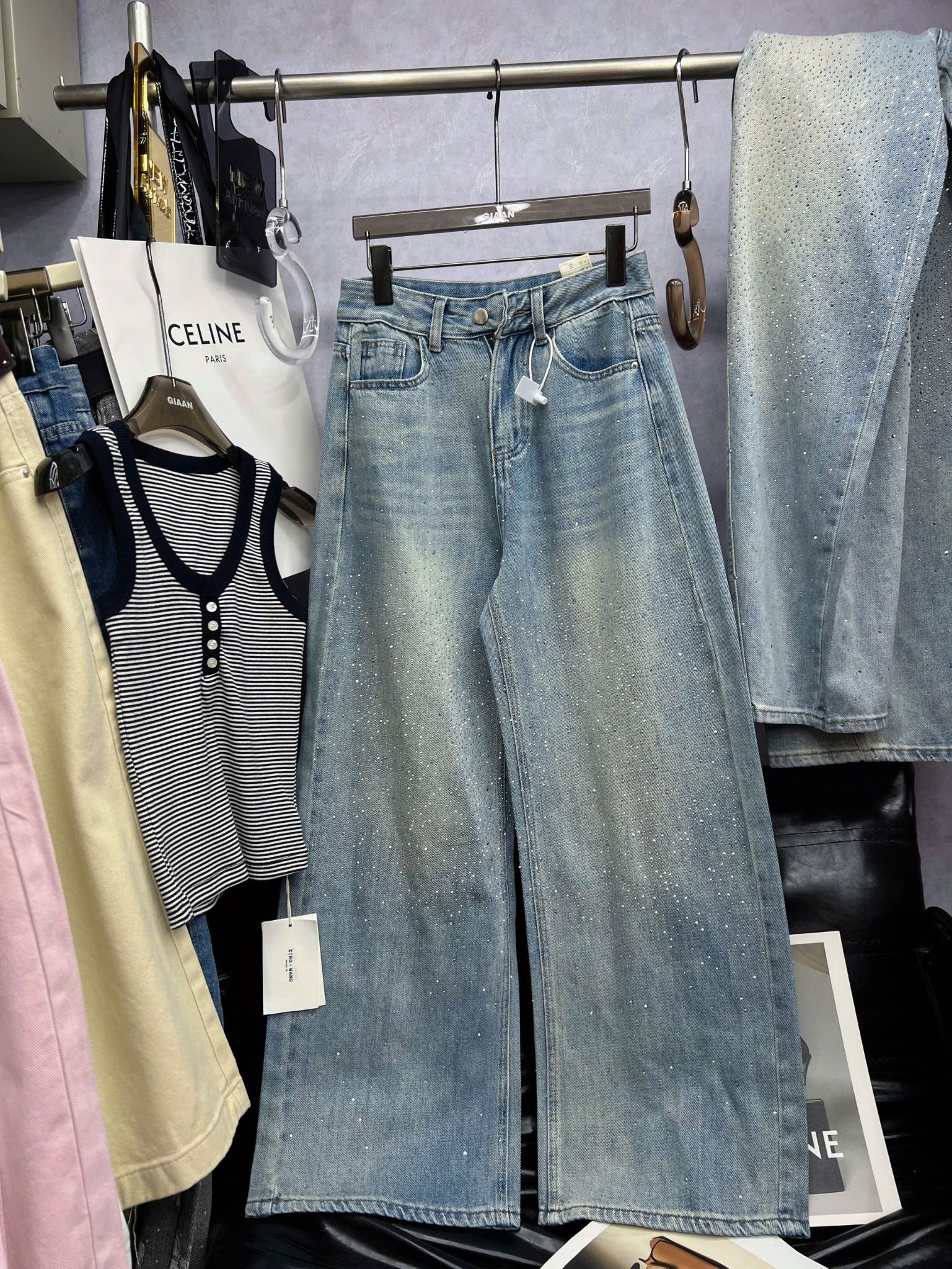 Quần JEANS suông 1 MẶT đính đá form rộng QCCC - S215 ( eo S<68, M<72, L<76 ) 