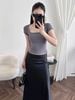 Áo tay ngắn cổ vuông tôn dáng - GHI - G233