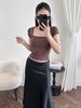  Áo tay ngắn cổ vuông tôn dáng - NÂU ĐẬM - G238 