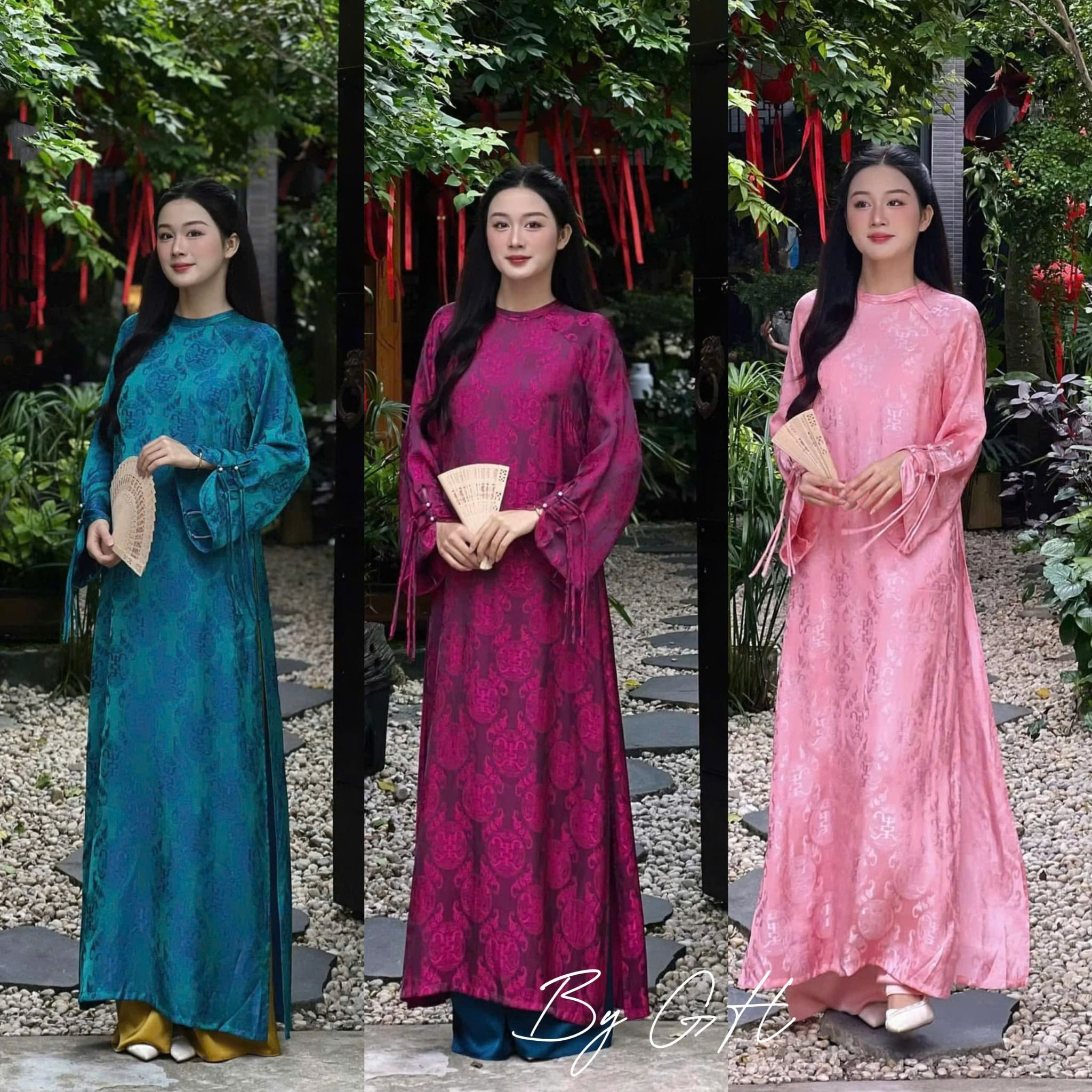  Áo dài nữ cách tân hoa văn tay đính nút ngọc trai mix quần lụa - HỒNG NHẠT - R103 ( 50% lưng chun, áo dài 137cm , quần 104cm ) 