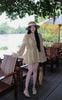 Set áo sơ mi phối bèo chun tay dài loe cột nơ mix quần ngắn basic - NUDE - K46