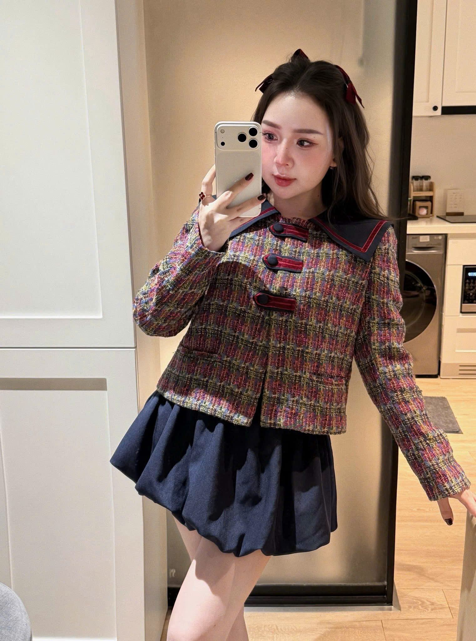  Set áo dạ đính nút kẻ sọc màu mix chân váy bí - S149 ( ÁO 47CM , CV 21CM ) 