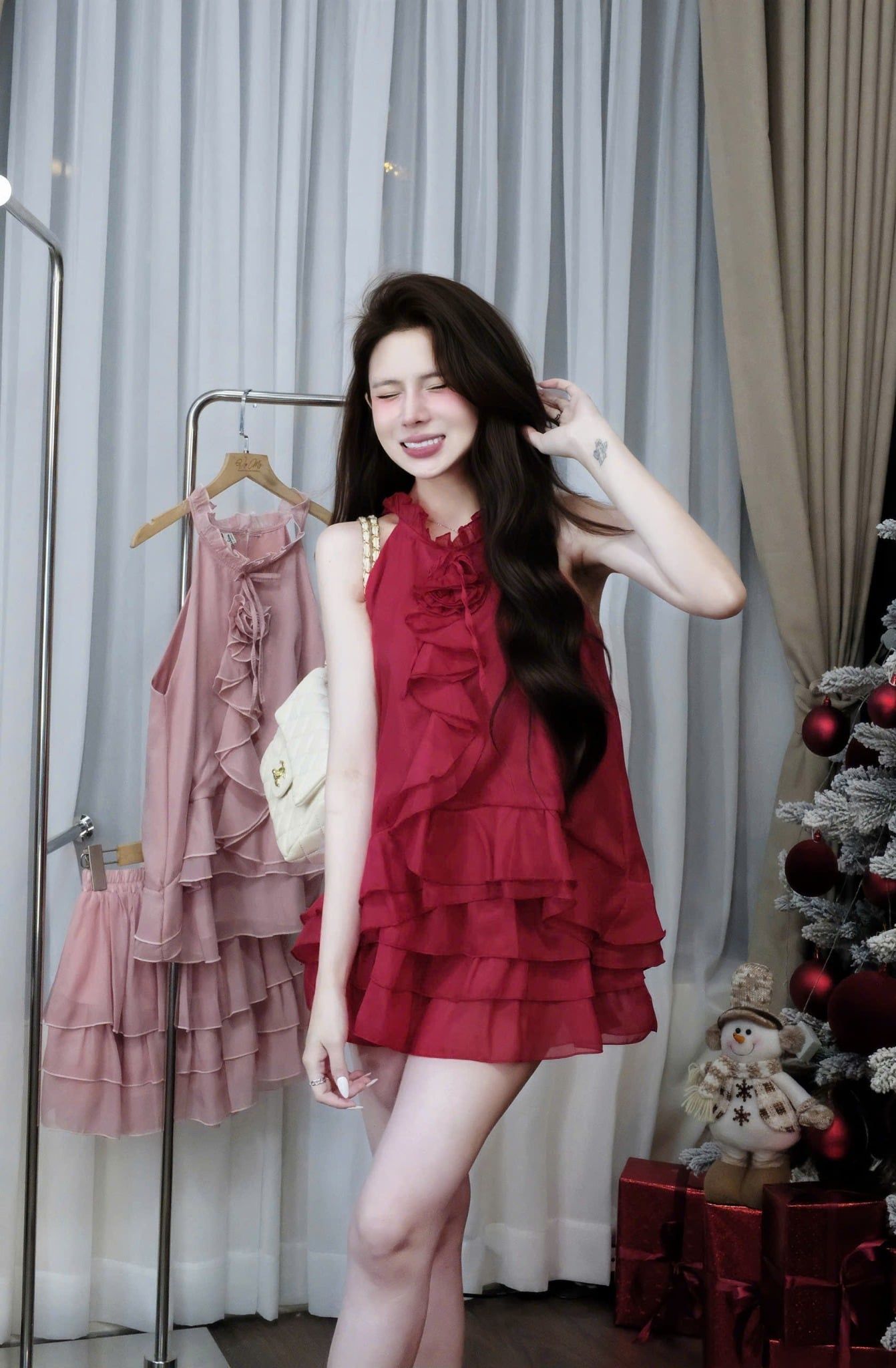  Set áo cổ yếm đính hoa mix chân váy tầng xòe - ĐỎ - C35 