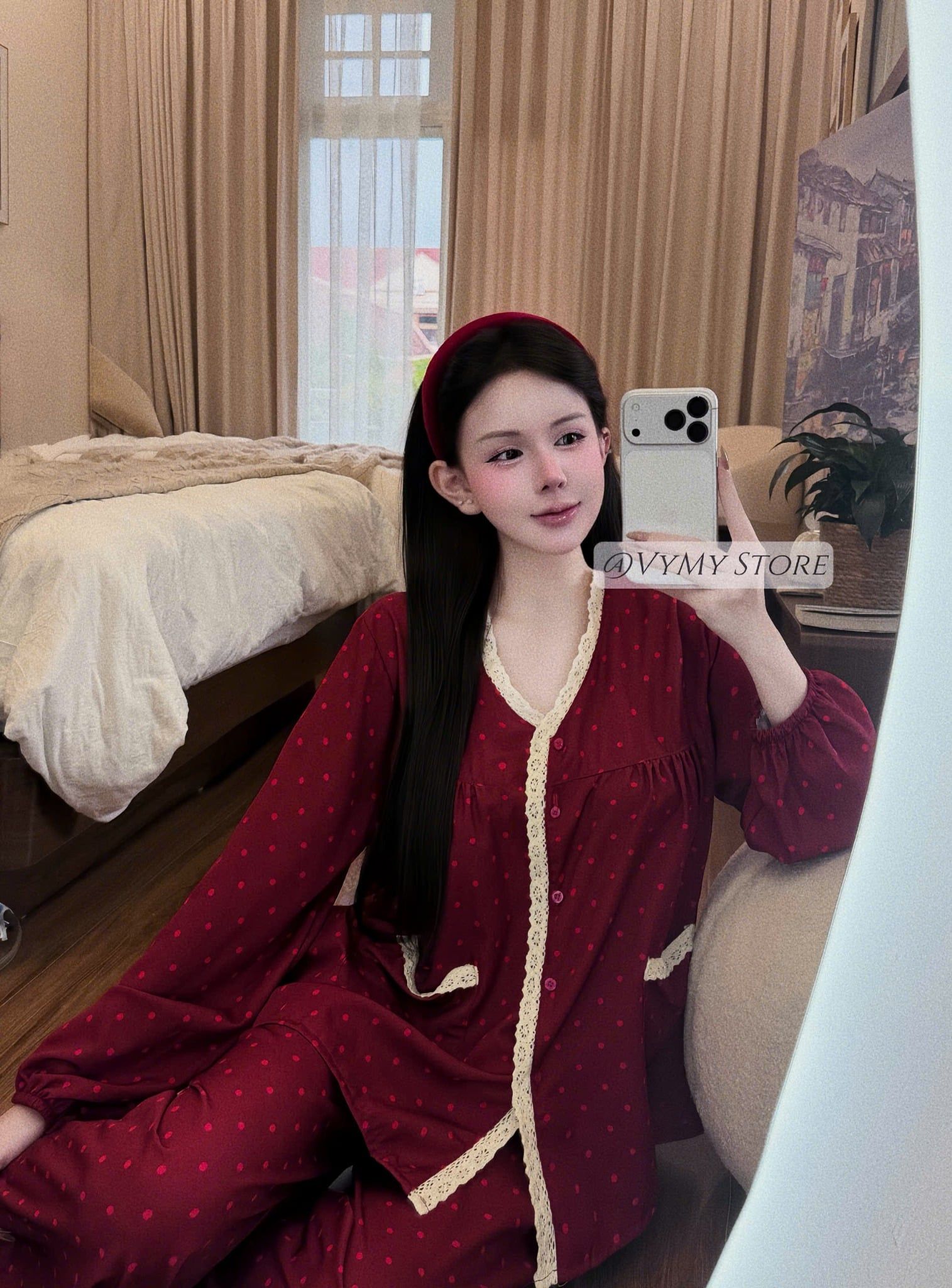  H106 Set bộ áo tay dài hoạ tiết chấm bi mix quần suông dáng dài - ĐỎ - G163 