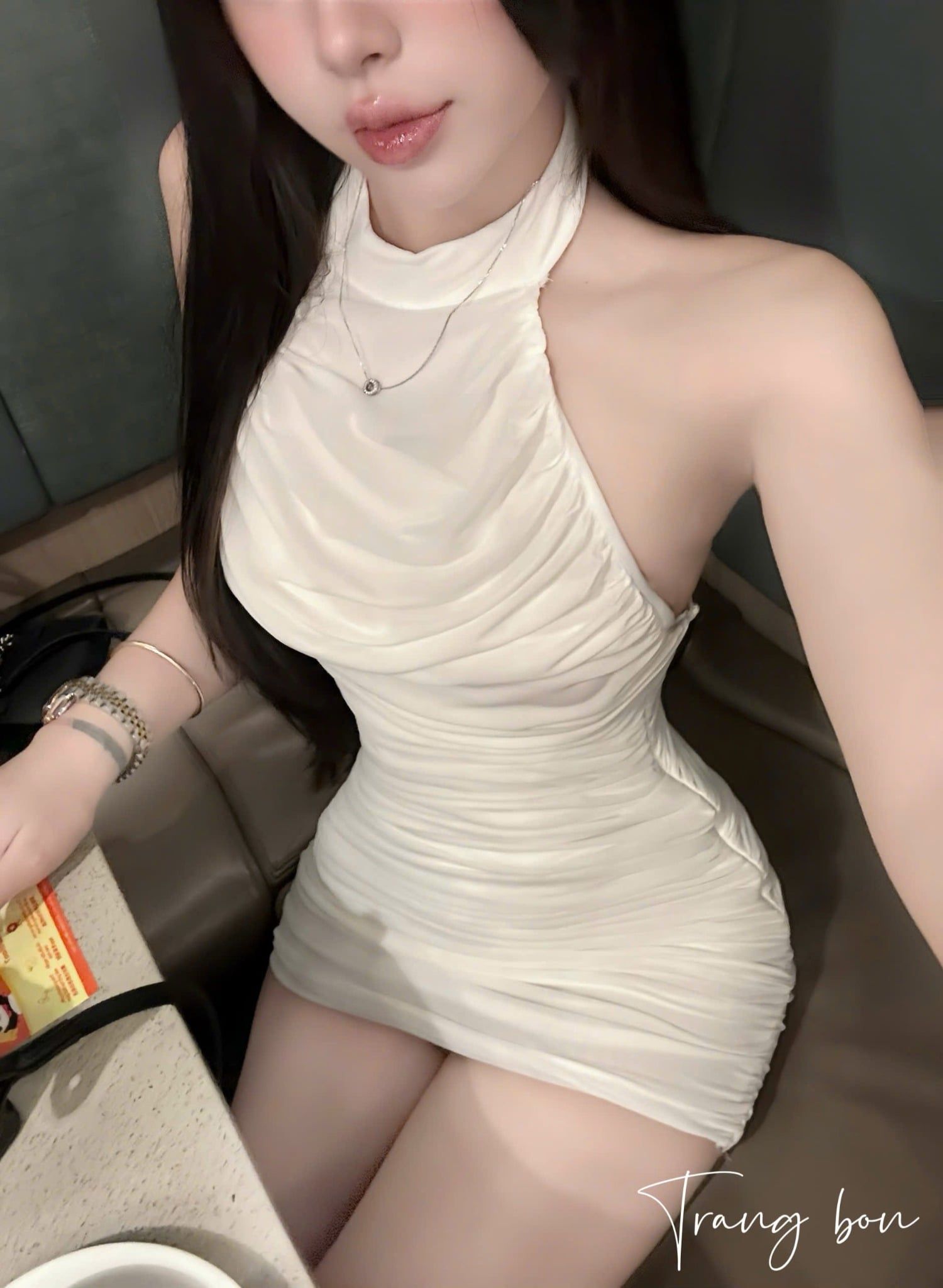  Váy body lưới cổ yếm nhún đính đá hack dáng - TRẮNG - K184 (EO S<68, M<72) 