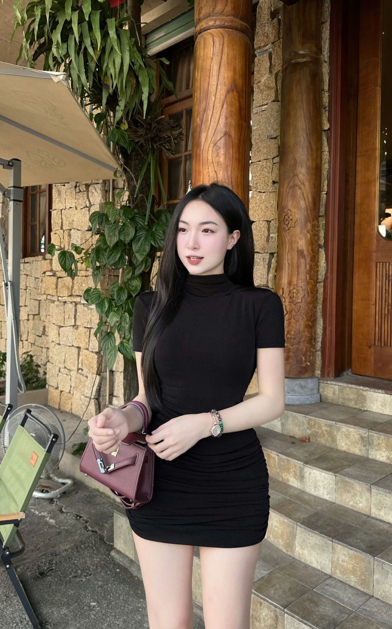  Đầm body cục tay dáng nhún chất vải co giãn - ĐEN - N36 H42 
