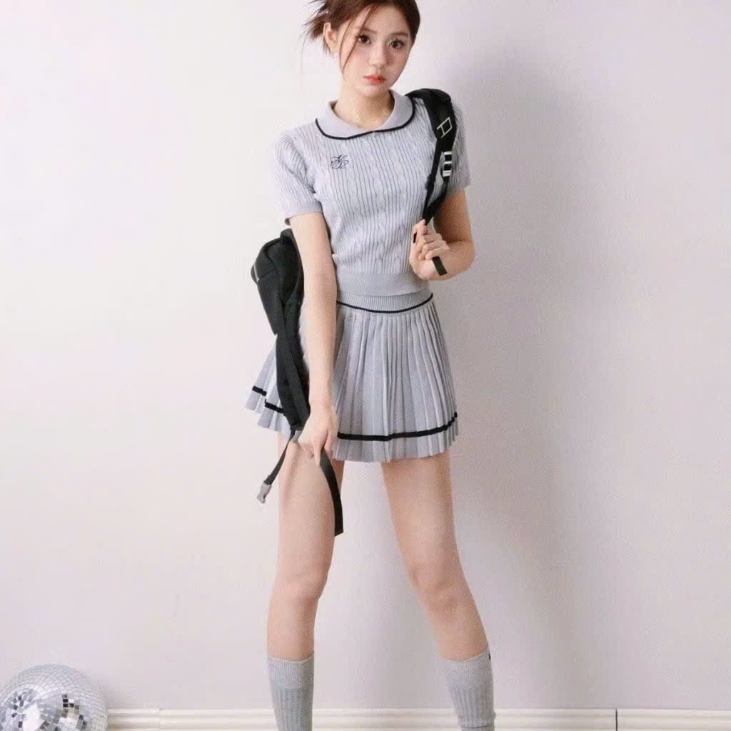  Set áo len cổ sen mix chân váy xếp ly xòe phối viền - XÁM - N120 H20 