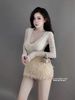 Set áo ren lưới đính đá mix chân váy lông vũ - KEM - G74 ( eo S<68, M<72 )